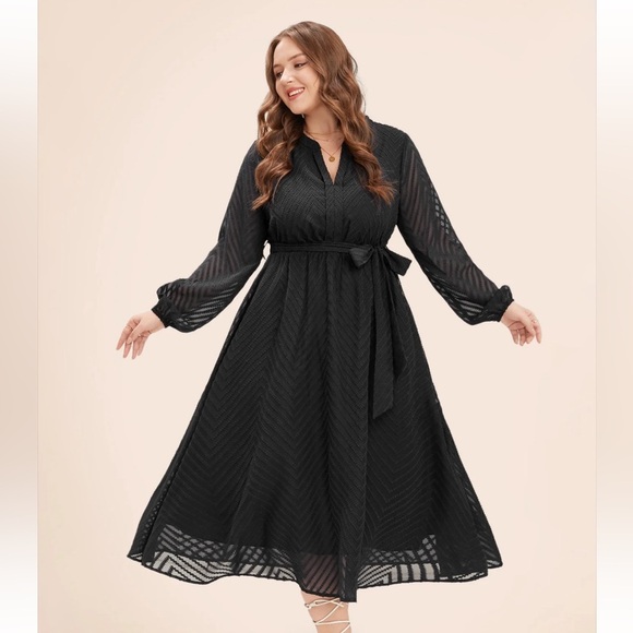 BloomChic Plus Size XL Solid Geometric Pocket Mesh Lantern Sleeve Belted Dress - Picture 1 of 9